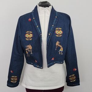 Embroidered Blue Denim Tribal Cropped Bolero Jacket Size M